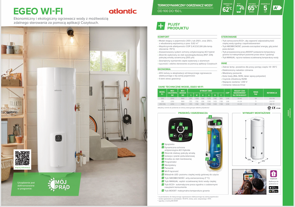 atlantic egeo sklepandklim Pompa ciepła do c.w.u. EGEO WI-FI 250 litrów z wężownicą coil Atlantic - obrazek 1